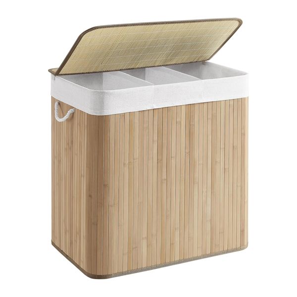 Foldable Bamboo Large Laundry Hamper with Lid , 3-Section Laundry Basket