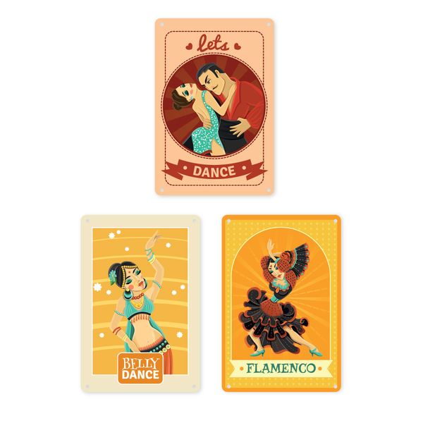 A4 Metal/Tin Posters - Belly Dance, Flamenco &amp; Let's Dance Set of 3