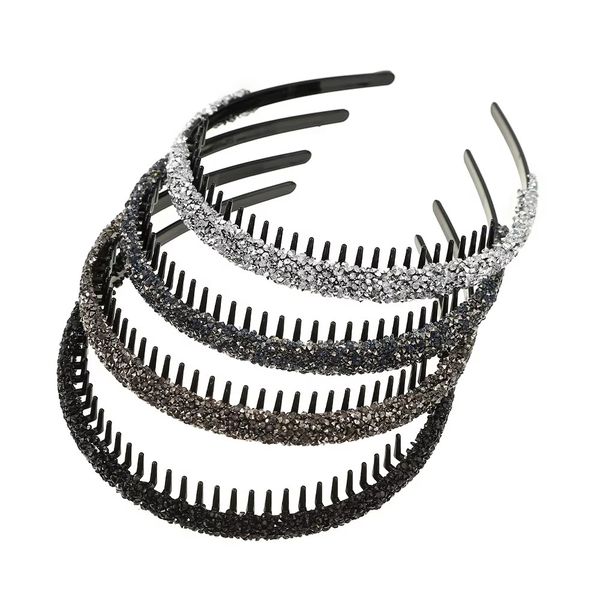 4-Piece Sparkling Rhinestone Embellished Non-Slip Headbands - Black/Silver