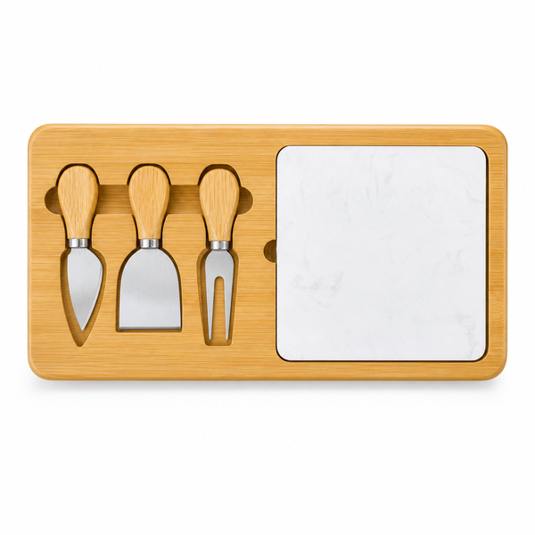Bamboo Cheese Board Set with Marble Insert &amp; 3 Stainless Steel Knives