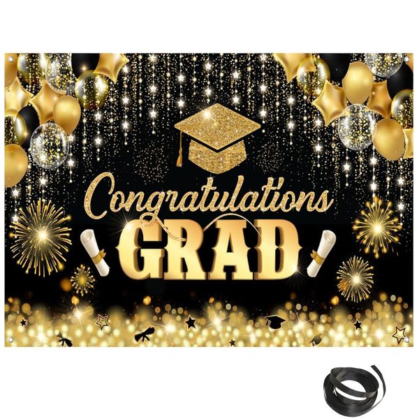 Congratulations Graduation Banner Backdrop-180x110cm-Glitter Black &amp; Gold
