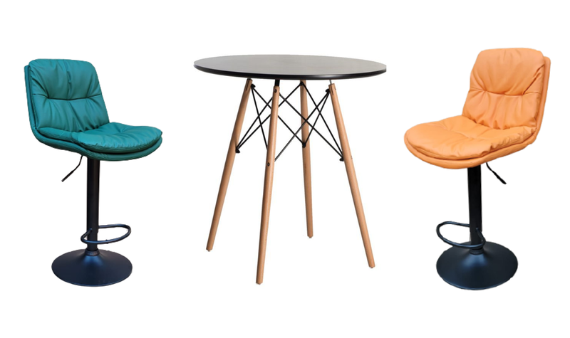 Soft Padded Perla Black Based Bar Stool and Black Wooden Table Set