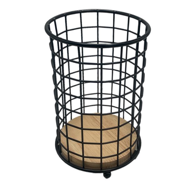 Cutlery Holder With Wooden Inlay - Black - 11 x 16cm