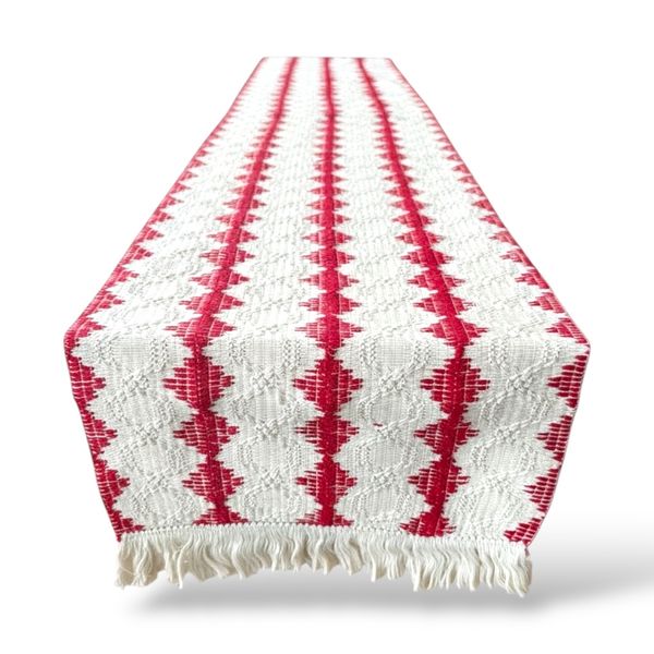Red &amp; Cream Crochet-Look Cotton Table Runner - Boho Inspired (30 × 180 cm)