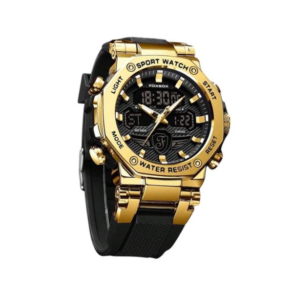 FOXBOX - Double Display Men's Watch With Pointer Adjustment - Gold