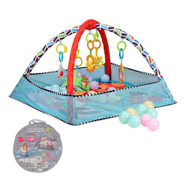 Baby Play Gym Mat Tummy Time with Mesh Fence &amp; Sensory Toys for Infant