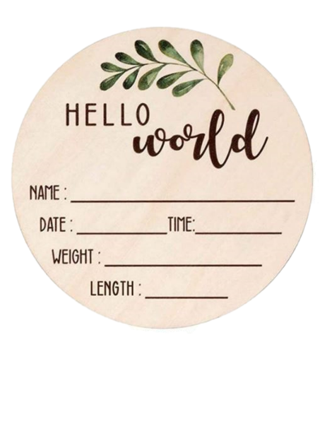 Laser Engraved Double-Sided Printed Round Wood "Hello World" Newborn Plaque