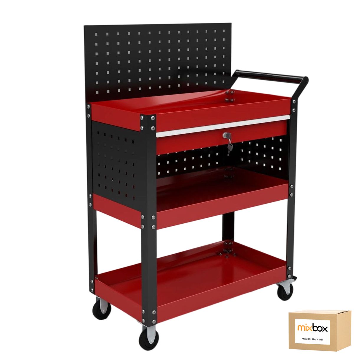 Mix Box 3 Shelf Heavy Duty Rolling Utility Cart Tool Cart with Pegboard