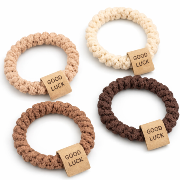 Braided Cotton Hair Ties with Wooden Bead - Neutral Colours - Pack of 4