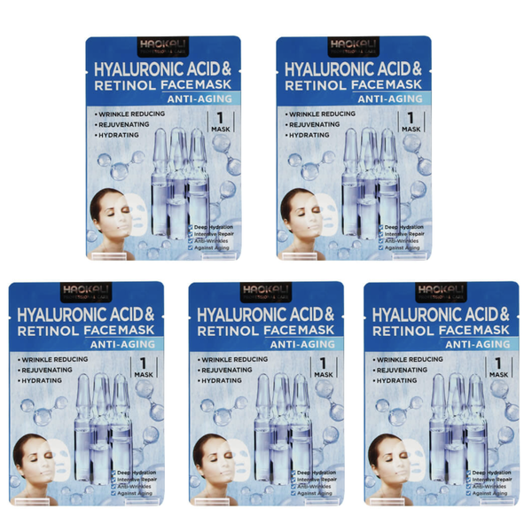 Vegan Hyaluronic Acid &amp; Retinol Anti-Ageing Face Mask - 5 Pack