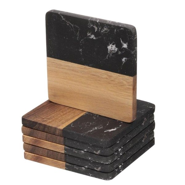 Acacia Wood and Marble Square Coaster Set - 6 Piece