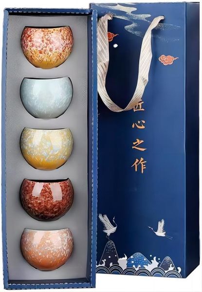 5 Pieces Gift Set Kiln Change Element colourful Egg Kungfu Tea Cup