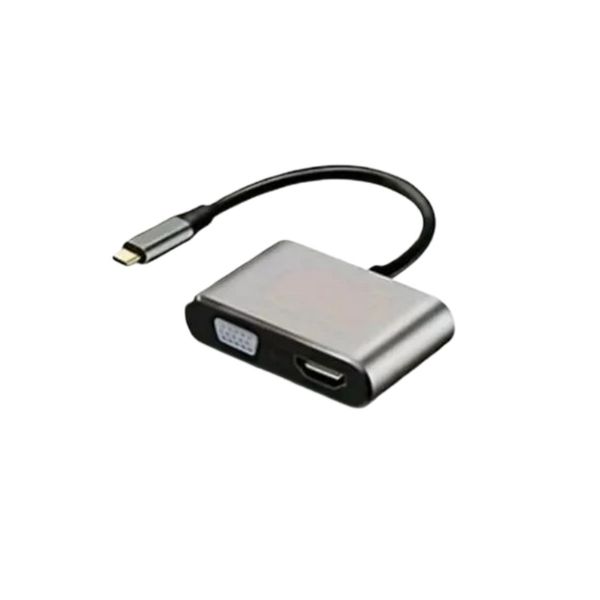 4-in-1 Type-C to HD VGA USB PD Hub Adapter for Laptop PC Gray