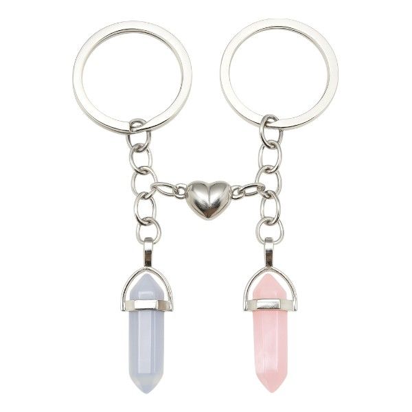 2 Connecting Silver Keychains With Matching Crystal Pendants - Pink and Blue