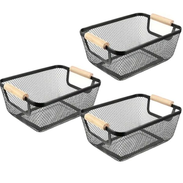 Set of 3 - Metal Mesh Steel Basket with Bamboo Handle - Black - 36 x 22cm