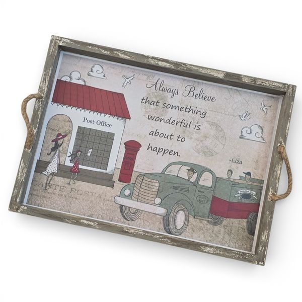 Rustic Wooden Serving Tray with Rope Handles - Vintage Train Station Design