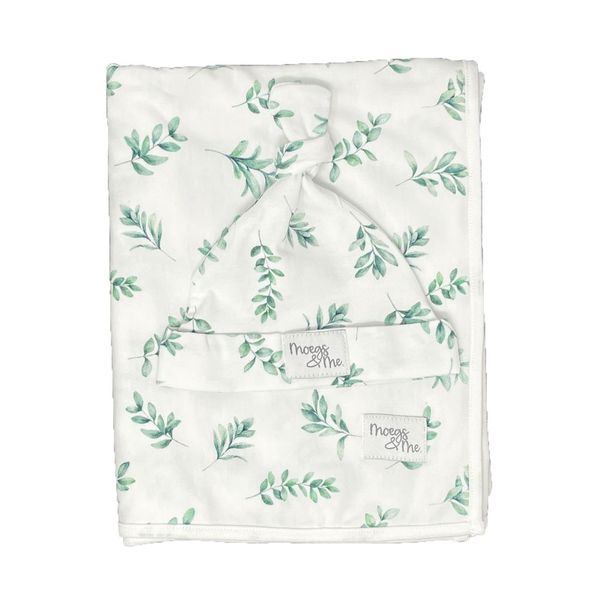 Baby Swaddle Blanket and Newborn Beanie Set - Sage Leaf