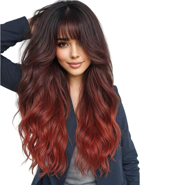 26 Inch Natural Wavy Auburn Synthetic Wig with Bangs