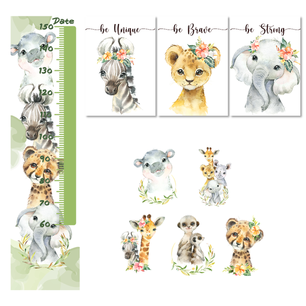 Nursery Wall Art - 4 x A4 Canvases + Vinyl Decals + Height Chart - Floral