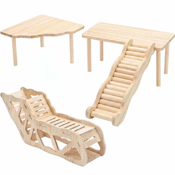 Wooden Hamster Platform Tunnel Ladder Toy 4 Piece Set