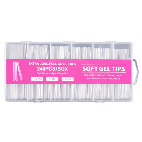 Extra Long Soft Gel Full Cover Nail Tips - White - 240 Box