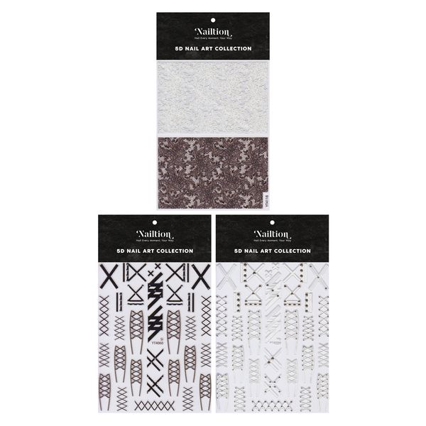 3D Embossed Nail Art Lace Sticker Set - Black &amp; White Design Sheets