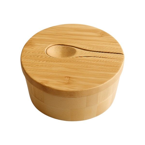 Round Bamboo Spice &amp; Seasoning Jar with Built In Spoon - Brown