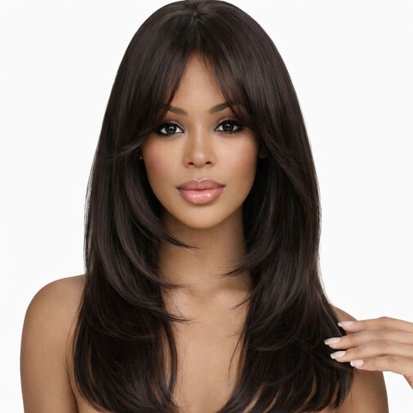 Natural Black Layered Wig with Bangs - Breathable Elastic Cap