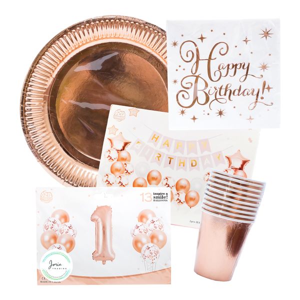 Rose Gold 1st Birthday Party Box With Balloons and Banner