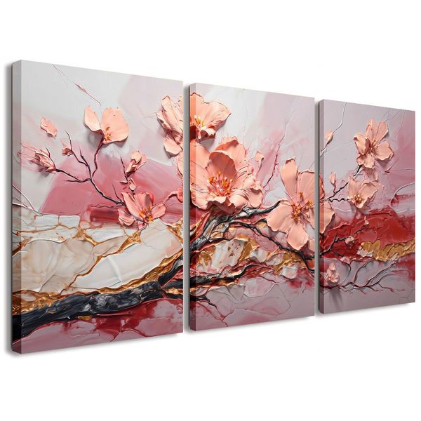Canvas Art - Floral Pink 3 Piece Abstract Painting Canvas Wall Art