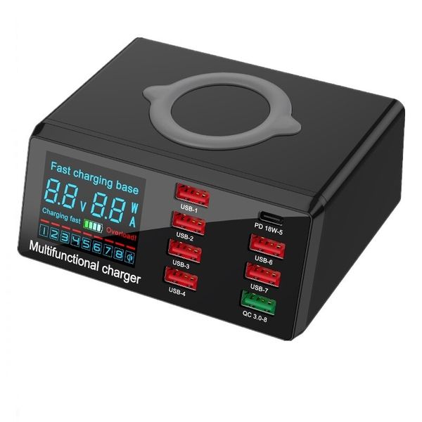 8-Port 100W USB Charging Station with PD, QC3.0, Wireless Pad &amp; LED Display