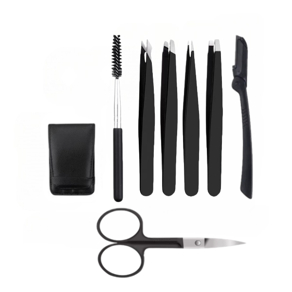 7 Piece Stainless Steel Eyebrow Grooming Set with Portable Storage Pouch