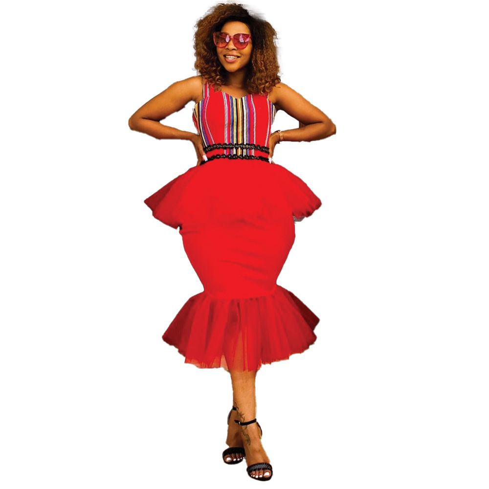 white christmas dresses Red Cocktail Dress With Long Tail (With Gold Belt Accessory) main image 1
