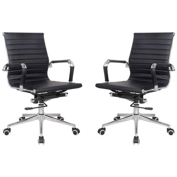 Ribbed PU Leather Medium Back Office Chairs-Set of 2 Per Box-Black