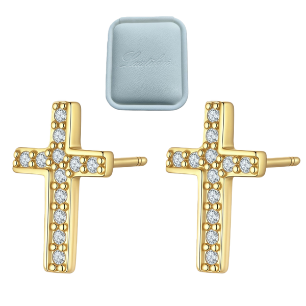 Gold Plated Cross Moissanite Stud Earrings - S925 Sterling Silver