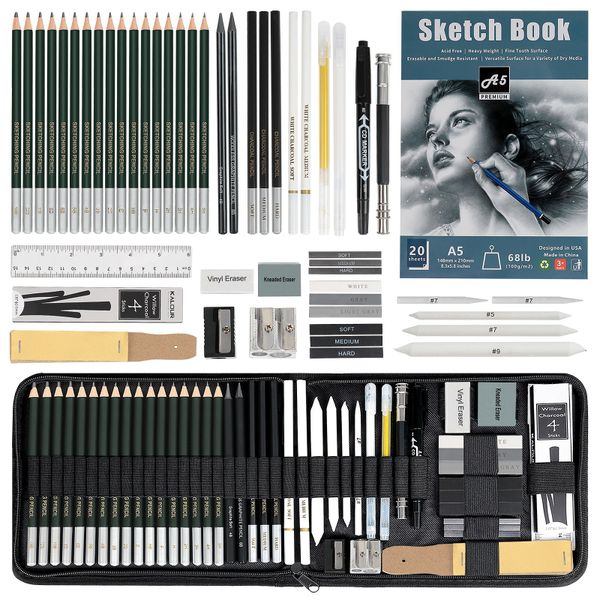 54-Piece Professional Sketching Pencil Set with Sketchbook &amp; Carry Case