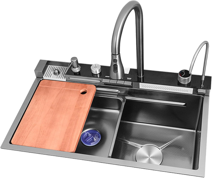 Hommex Kitchen Sink with Double Waterfall &amp; Piano Key Design Control Button