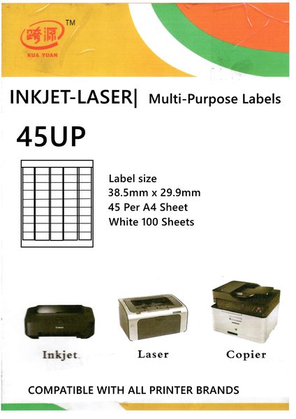 45Up Label Self Adhesive A4 Size 100 Sheets