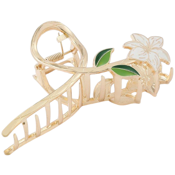 Floral Hair Claw Clip With Enamel Detailing - Gold