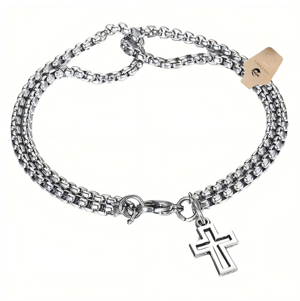 Men's Fashion Double Chain Cross Hollow Wrist Bracelets Lobster Claw Clasp