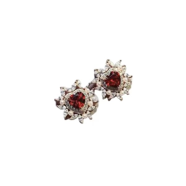 S925 Stud Earrings With Red Garnet Heart Design