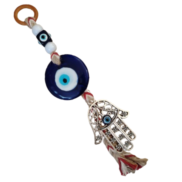 Hamsa and Turkish Eye Glass Disk and Beads Wall Hanging