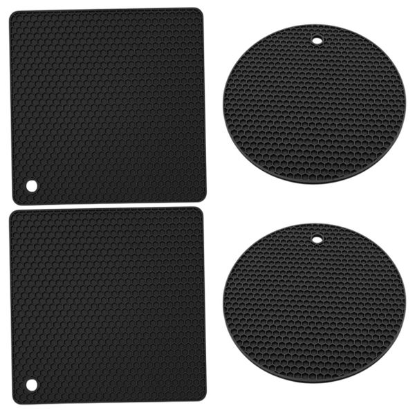 4 Piece - Heat-Resistant Square &amp; Circle-Shaped Pot Holder Set - Black