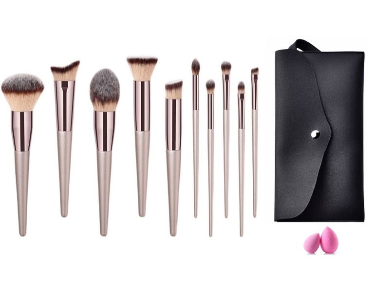 12Piece Champagne Makeup Wood Handle Brush Make Up Foundation Sponges Set