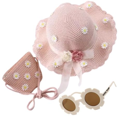 Summer Blossom Straw Hat & Bag With Bella Bear Sunglasses - Pink Image