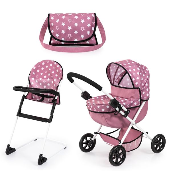 Bayer Cosy Dolls Toy Pram With High Chair (Pink/White) Stars (65cm Tall)