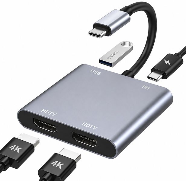 4-in-1 Type-C Hub Dual HDMI 4K Video, USB 3.0 Data &amp; PD Fast Charging MMT