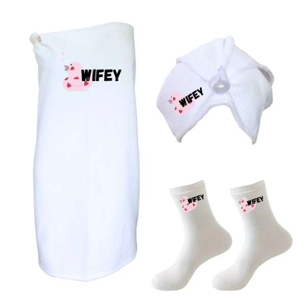 Wife/Wedding Gift-Wrap,Hair Towel&amp;Non-Slip Socks-Wife-Wifey Duckey