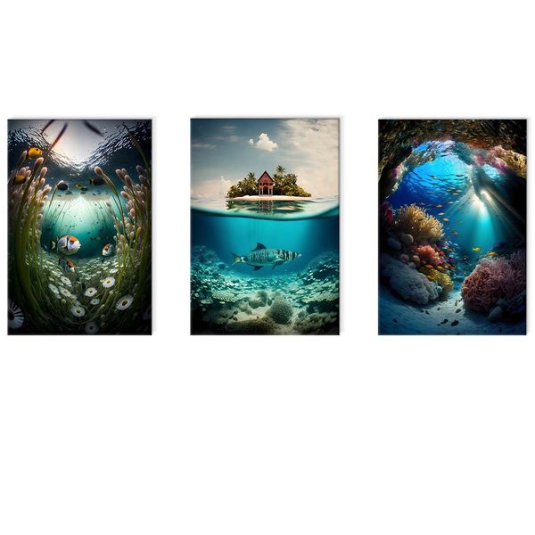 Canvas-Art-3 Pieces Blue Ocean Beach Lifestyle Wall Art