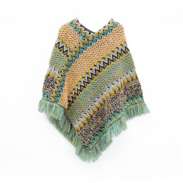 Bohemian Striped Fringed Poncho Scarf Acrylic Knit Wrap- 1 pcs